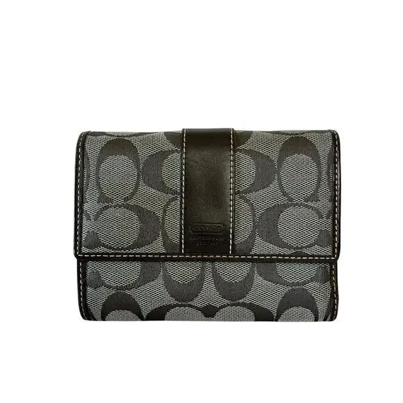 Coach Signature Gray Monogram Jacquard Brown Leather Trim Trifold Wallet Y2K - Picture 1 of 12